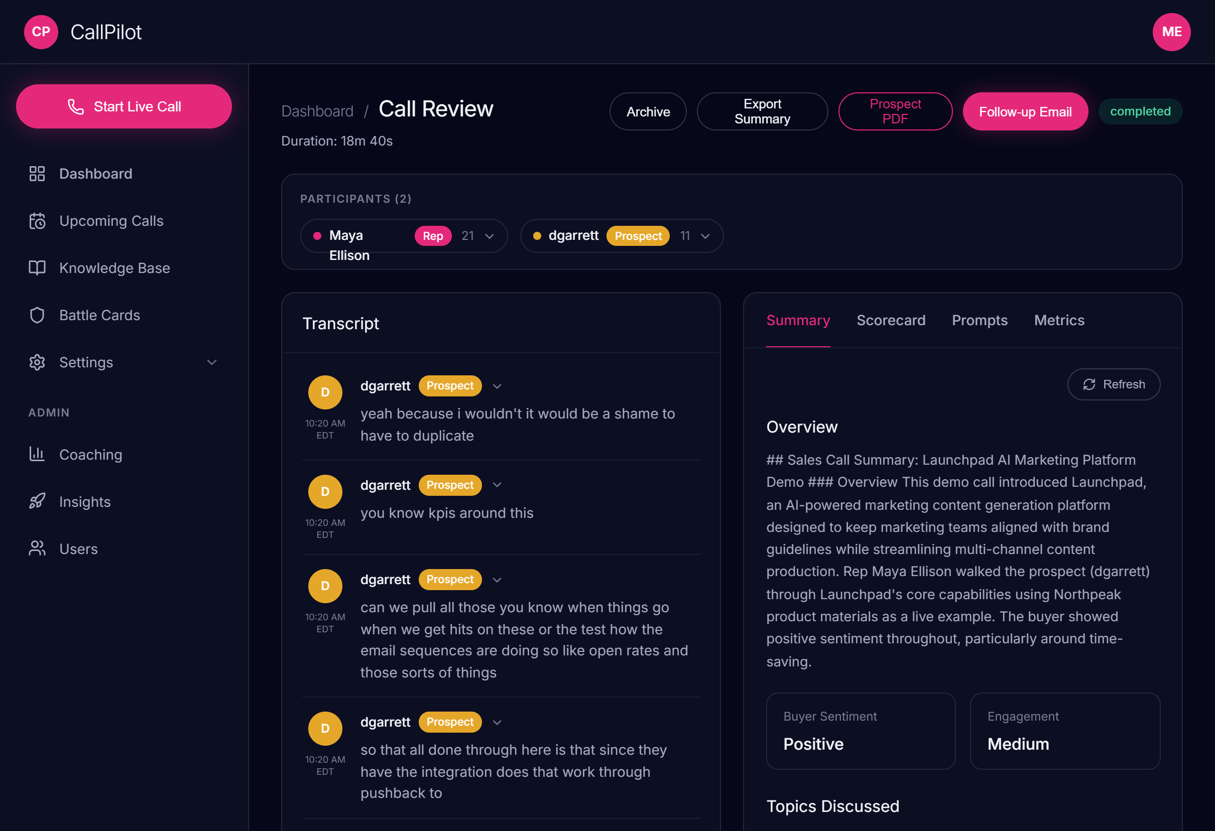 CallPilot call review: transcript, AI-generated call summary, buyer sentiment, and engagement level